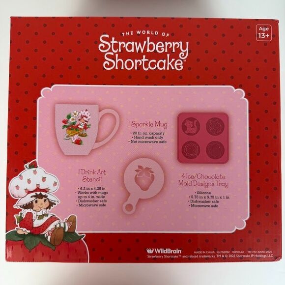 Strawberry Shortcake Sparkle Mug, Ice/Chocolate Mold, & Drink Art Stencil, NIB - Picture 2 of 6